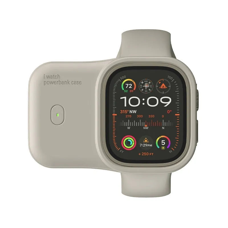 Apple Watch portable wireless power bank charging case with silicone sleeve in brown colour.