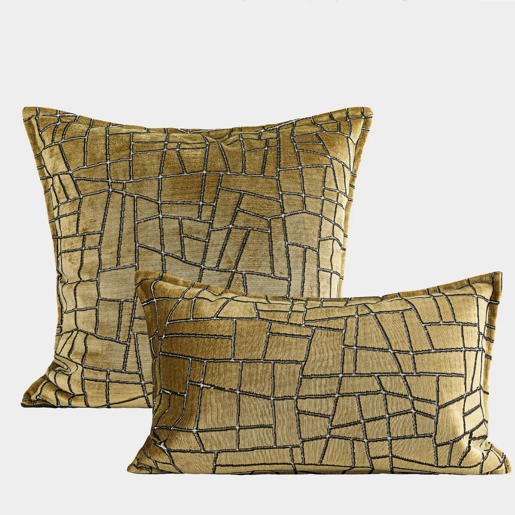 Gold geometric pattern polyester cushion cover showing three size options