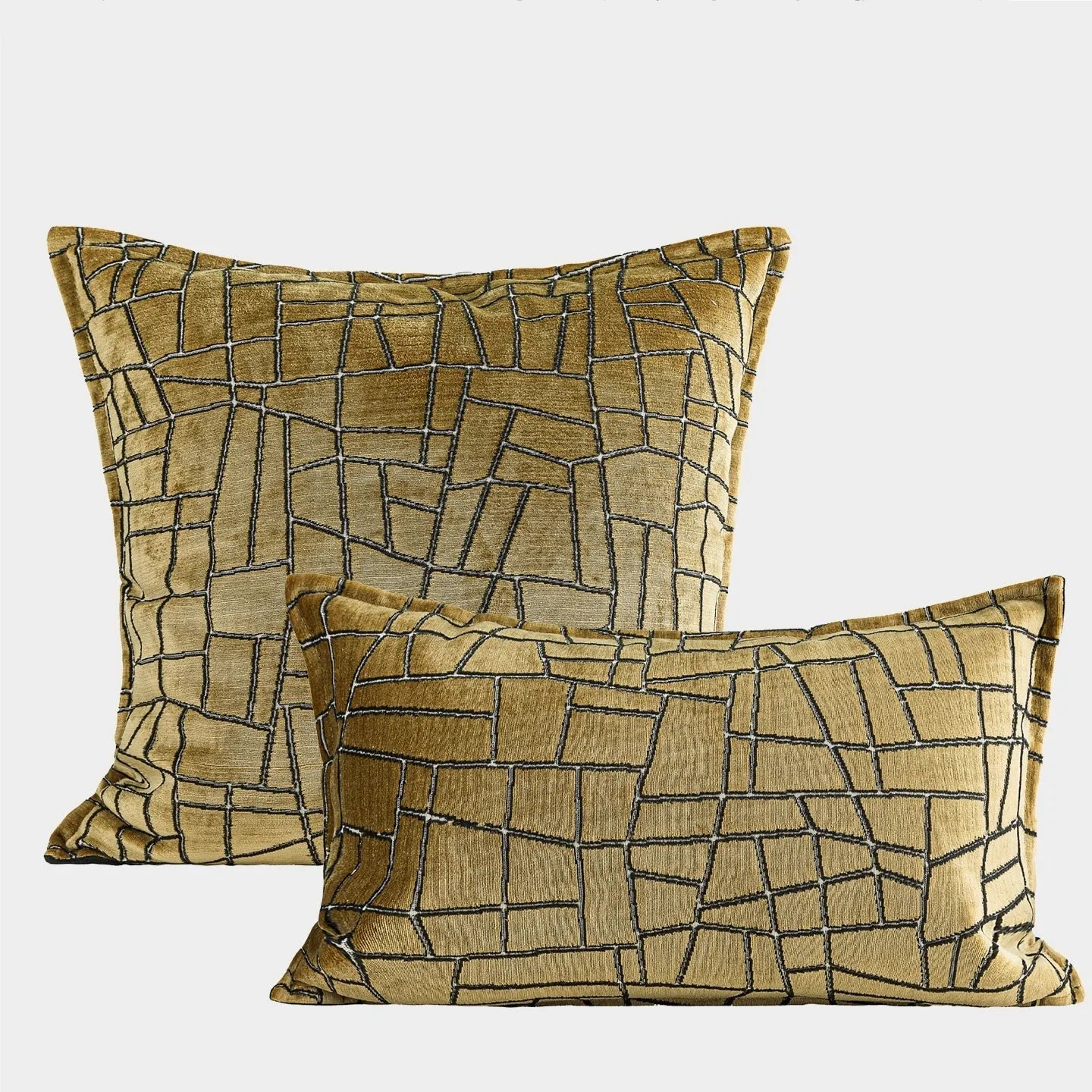 Gold geometric pattern polyester cushion cover showing three size options