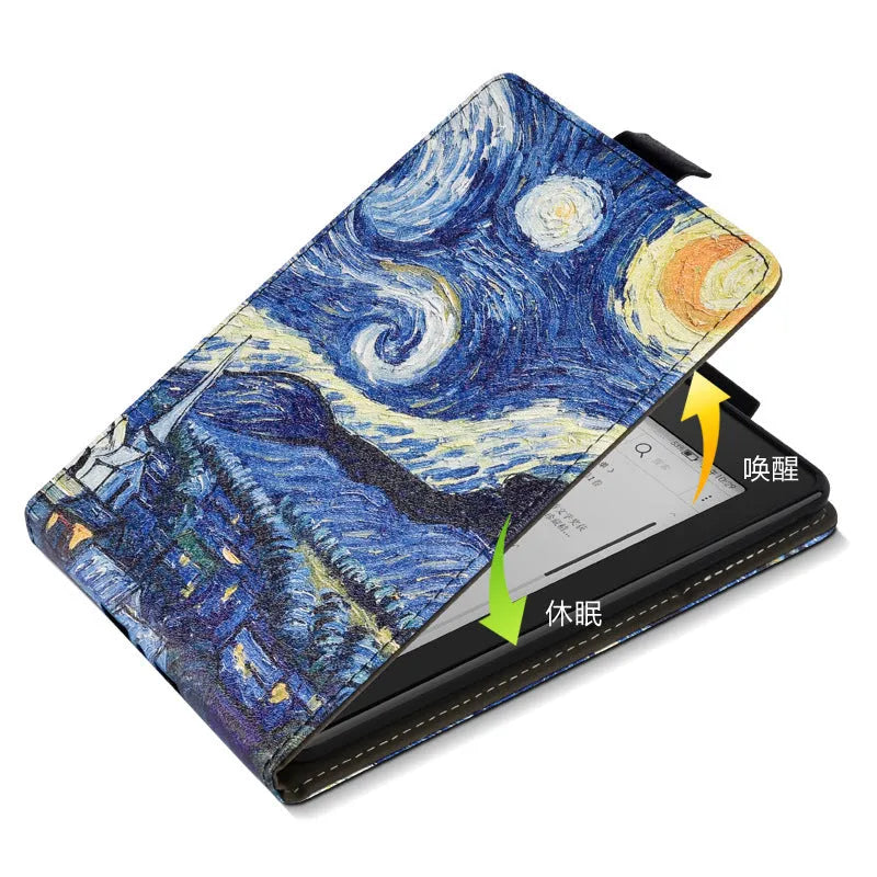 6-inch painted leather Kindle protective case in a bracket style, showing a Van Gogh starry sky print design.