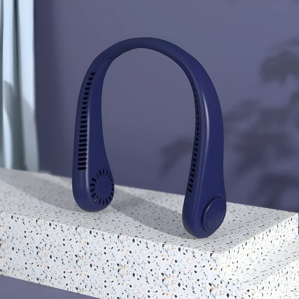 Blue USB rechargeable bladeless neck fan showing adjustable neckband and streamlined air outlet