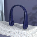 Blue USB rechargeable bladeless neck fan showing adjustable neckband and streamlined air outlet