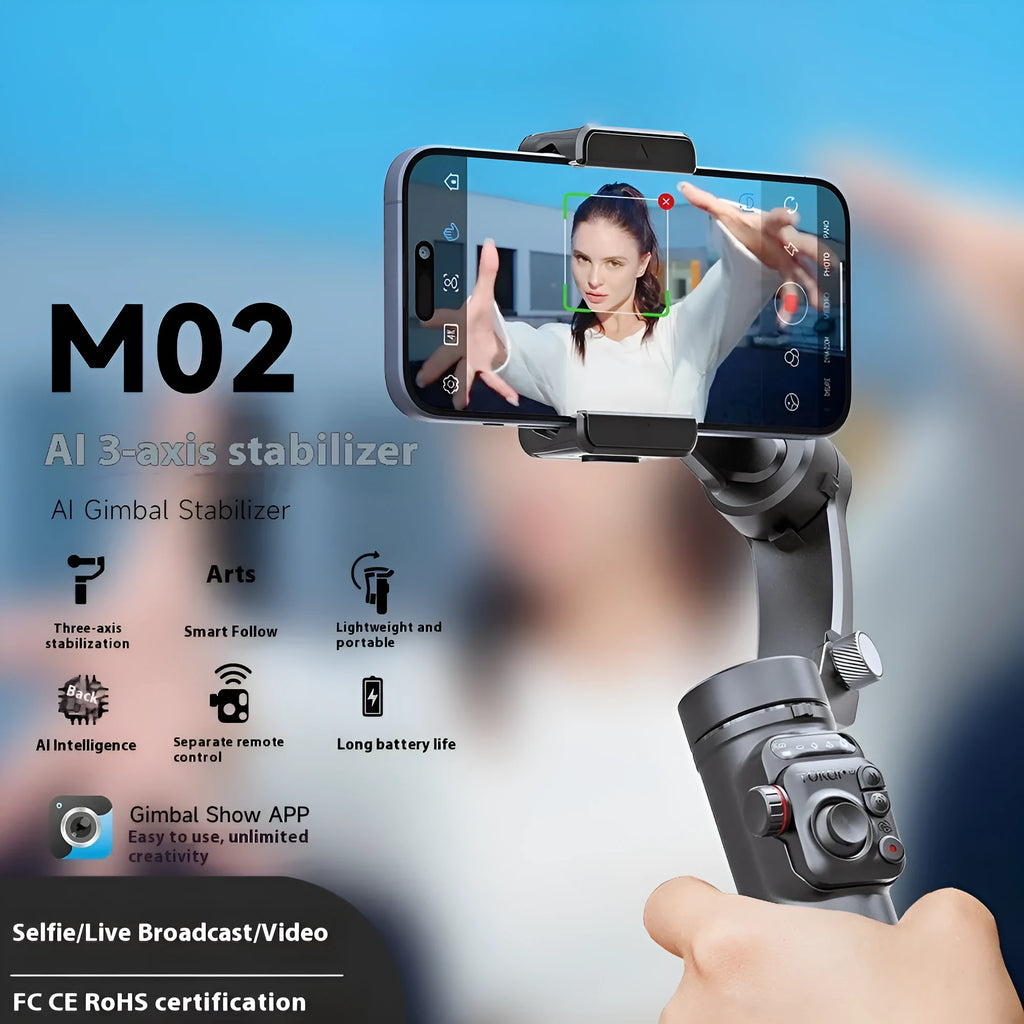 Intelligent AI three-axis head stabiliser tripod with AI tracking and light module in black, mounted on tripod