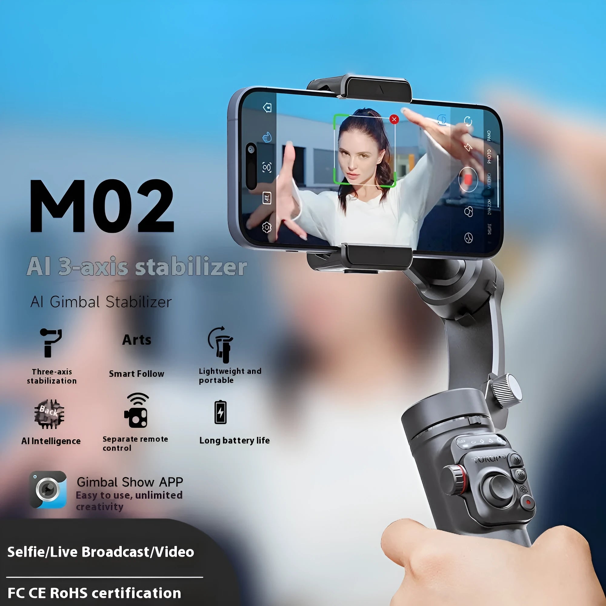 Intelligent AI three-axis head stabiliser tripod with AI tracking and light module in black, mounted on tripod