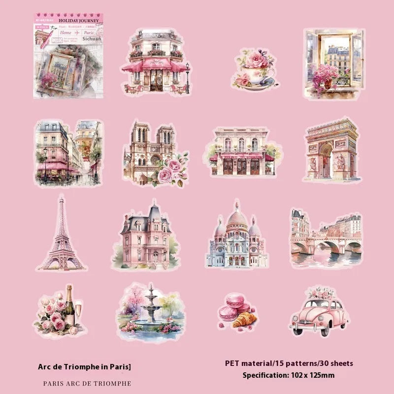 Holiday Journey series architecture journal stickers showing six landmark designs