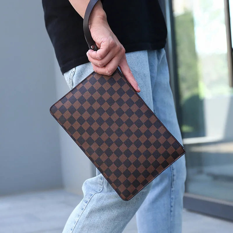 Men's black and brown PU leather clutch wallet showing card slots and zipper pocket