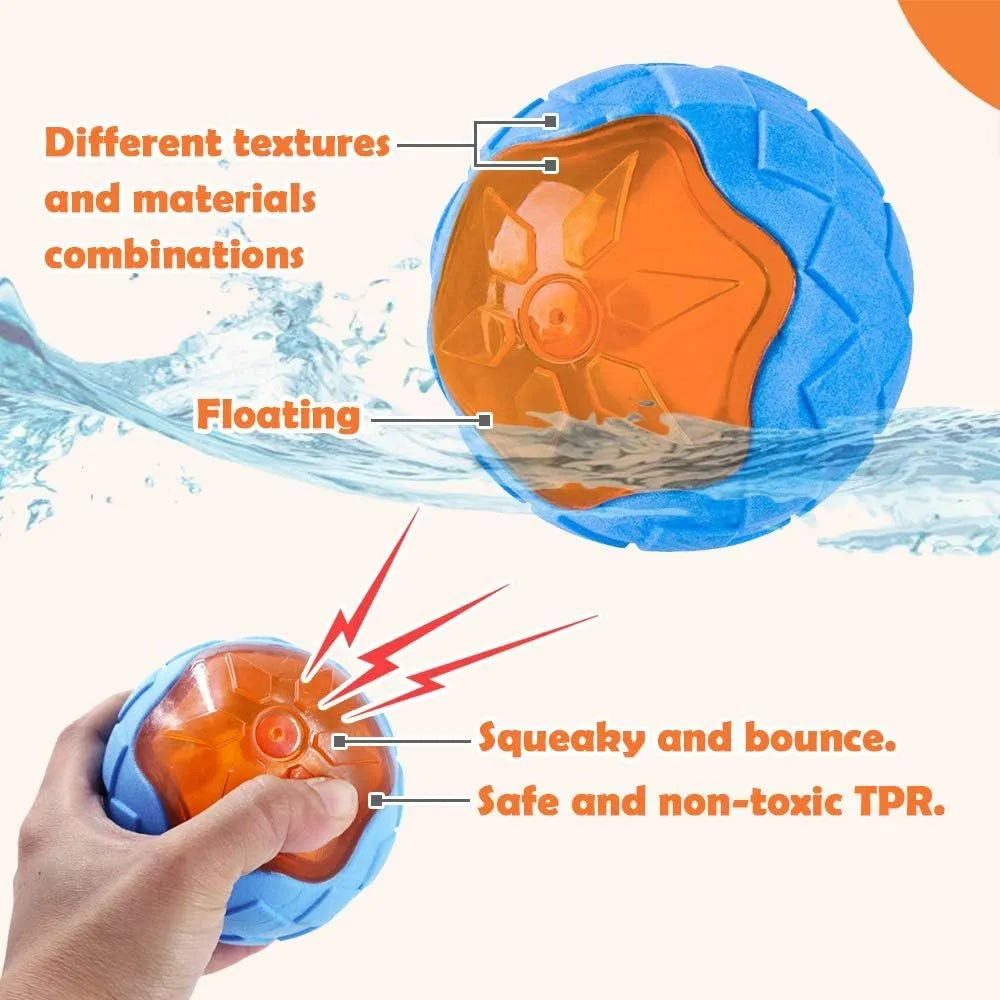 Set of four floating TPR dog toys: a ball, a barbell, and two tires with bumpy textures.
