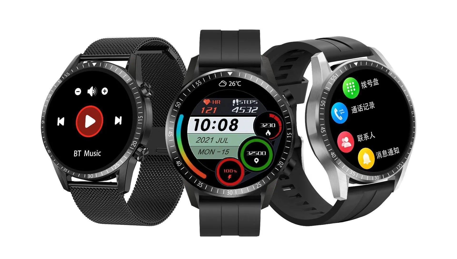 Round aluminium alloy smartwatch with Bluetooth calling and heart rate monitoring on wrist.