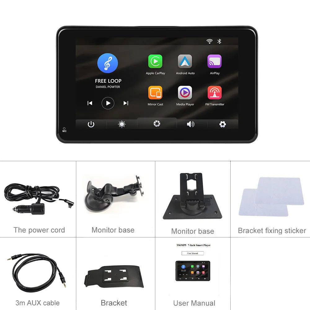 7-inch HD wired car screen player with universal suction cup and vertical mounting supports.