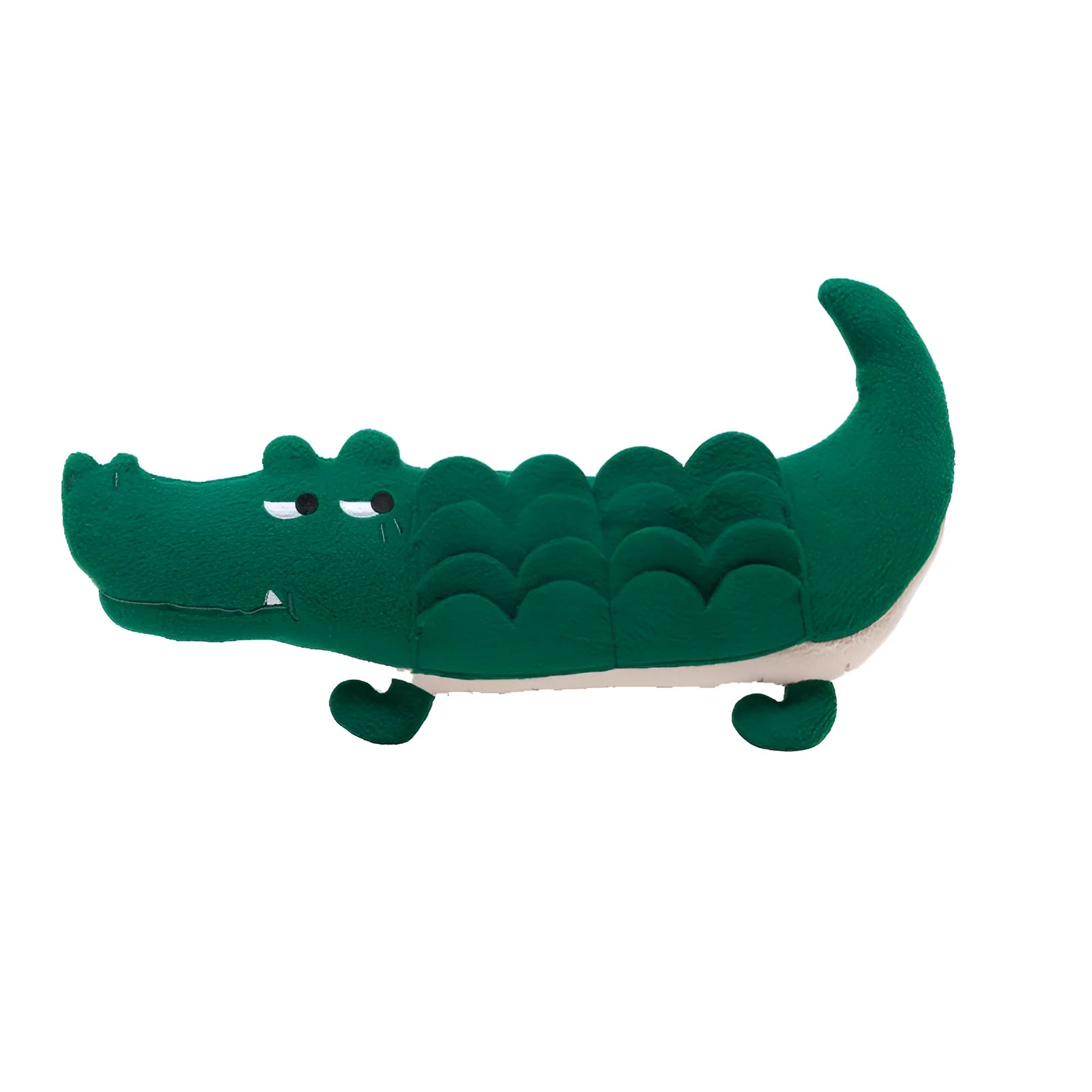 Green plush toy dog measuring 35cm tall by 18cm wide on white background