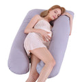 U-shaped pregnancy pillow in light blue ice silk fabric on a bed.