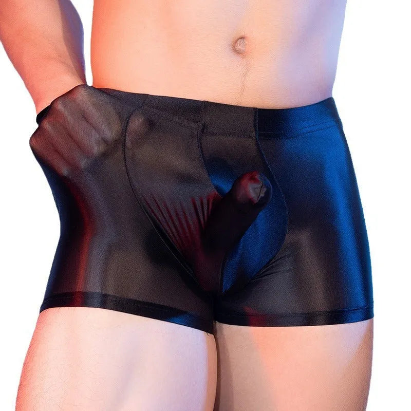 Men's grey boxer shorts with elephant nose design, made from thin nylon fabric.