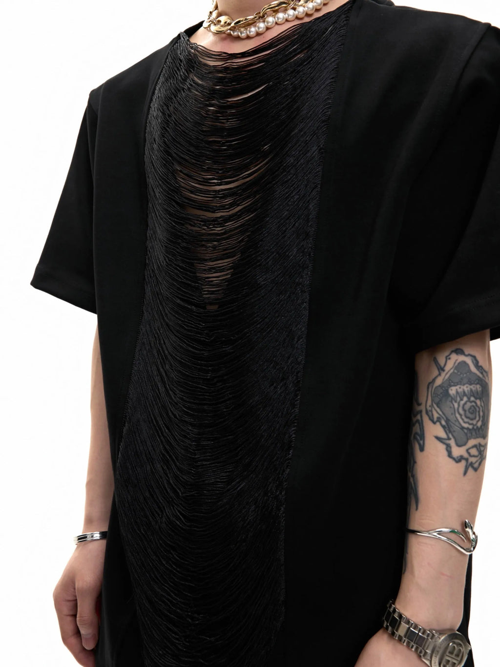 Men's black polyester V-neck t-shirt with hollow out pattern and loose fit