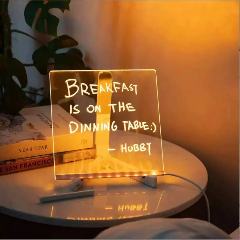 Acrylic DIY message board LED night light with pens on transparent writing panel