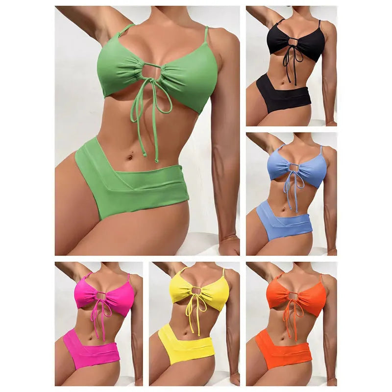Women's pure colour bikini swimsuit with a tied bow detail, shown in one of eight available colours.