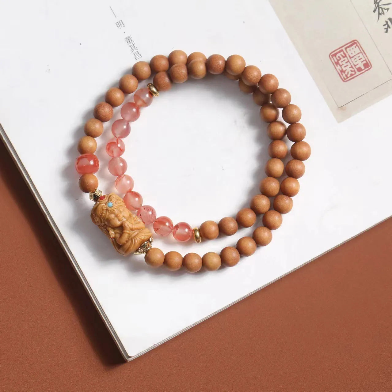 Traditional brown wooden Zachilam bracelet with woven 6mm beads and double circle design