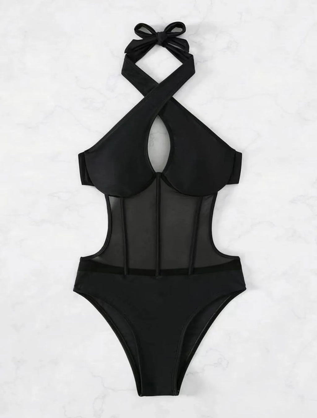 Ladies' one-piece swimsuit bikini in black, rose red, and green colours on a size chart