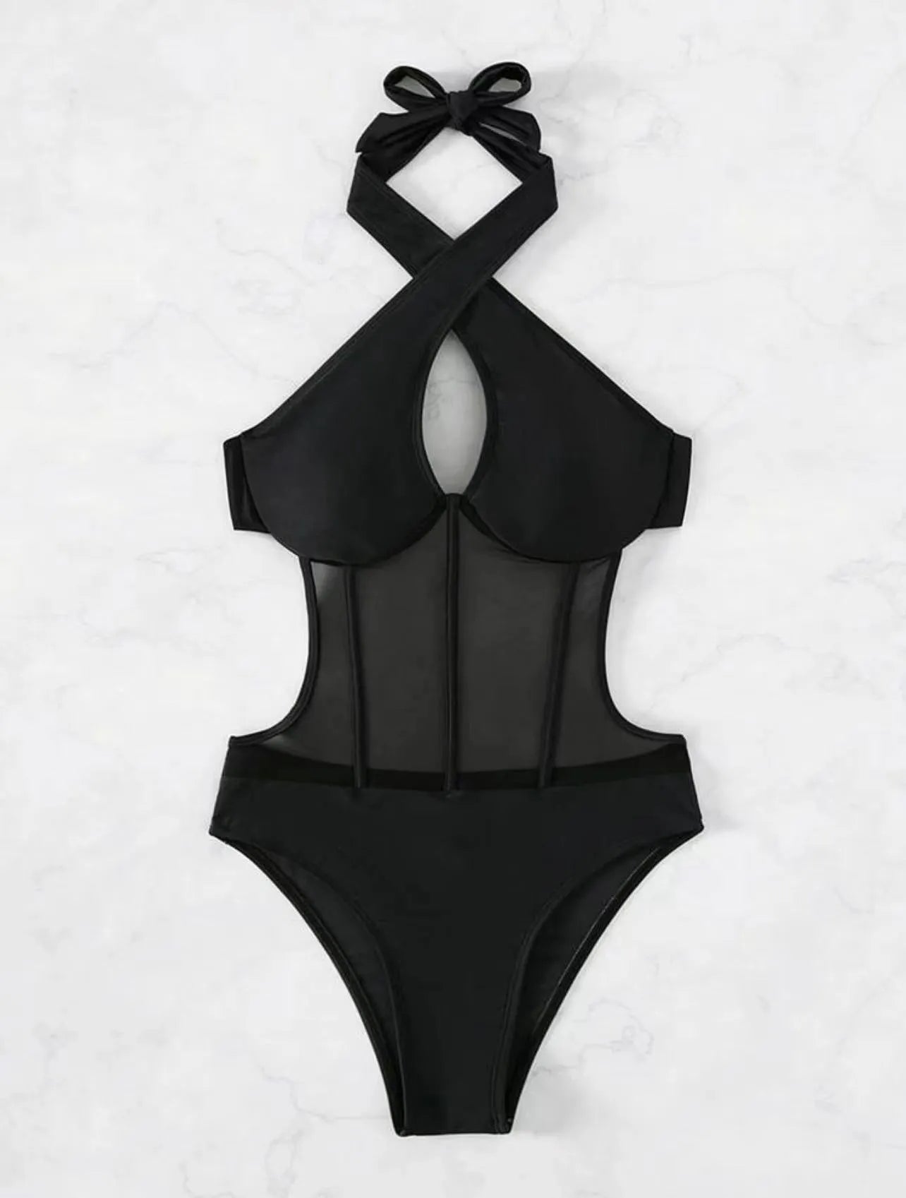Ladies' one-piece swimsuit bikini in black, rose red, and green colours on a size chart