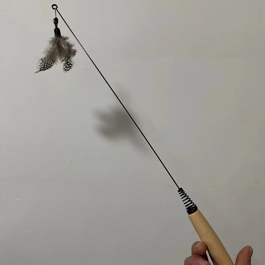Wooden handle cat teasing stick with feather and bell attachment in one of four colour options
