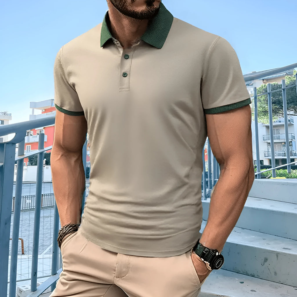 Summer polo shirt with flock print in Ice Silk polyester fabric, shown in multiple colour options