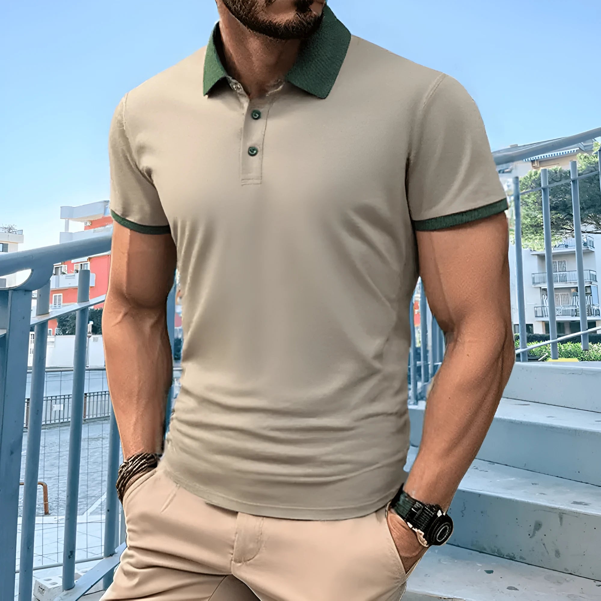 Summer polo shirt with flock print in Ice Silk polyester fabric, shown in multiple colour options