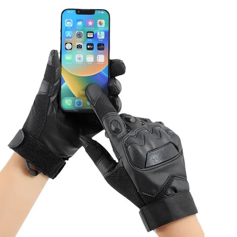 Men's black tactical training gloves with full finger design and touch screen fingertips.