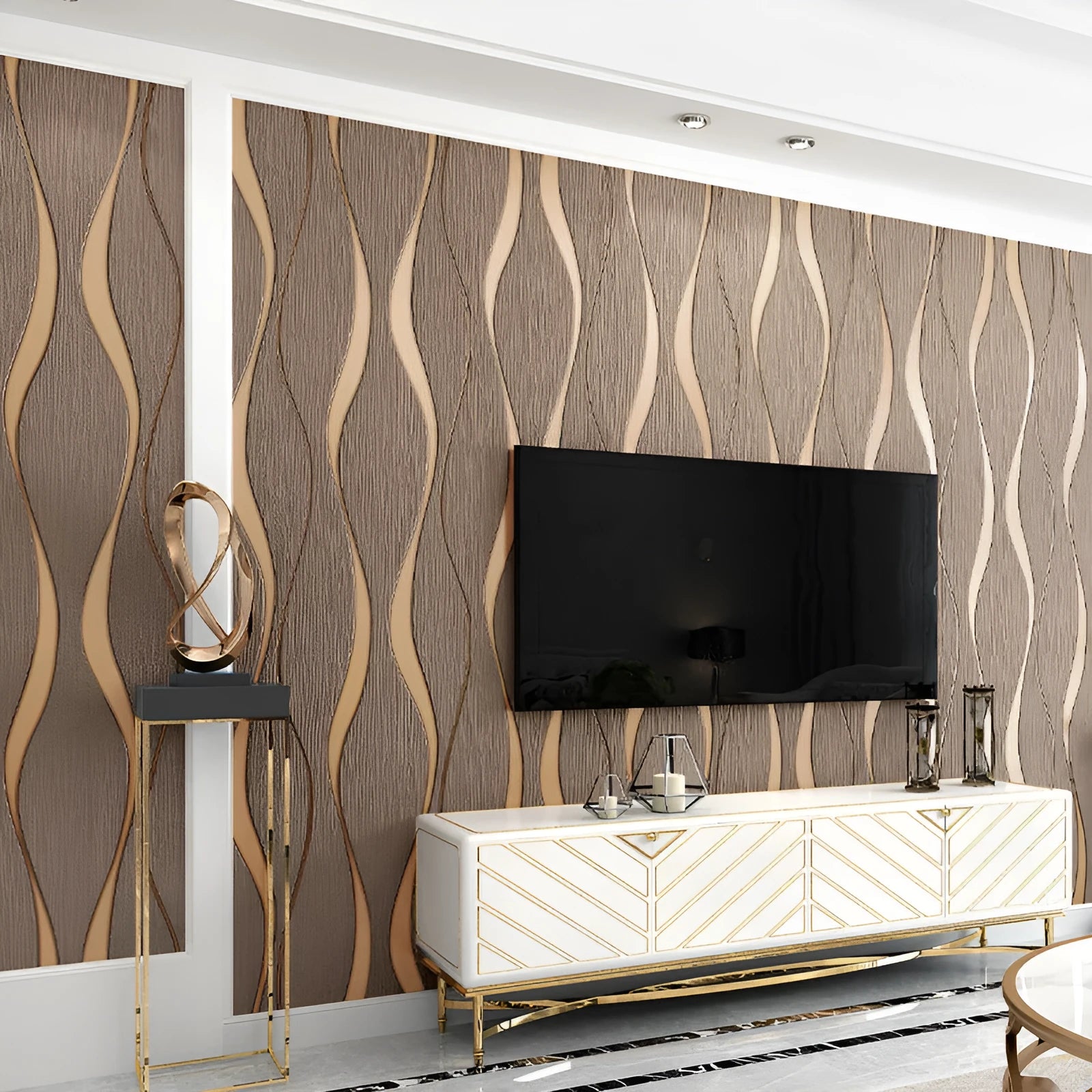 Close-up of curve stripe pattern on textured velvet wallpaper in dark brown, showing 3D effect.