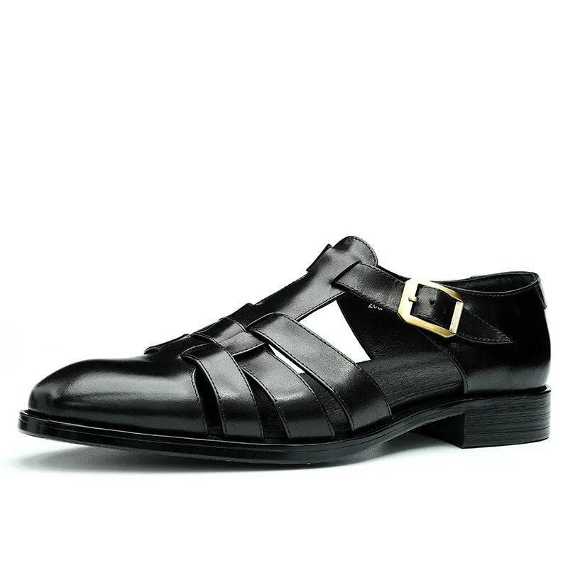 Men's black genuine leather retro sandals with pigskin lining for business casual summer wear