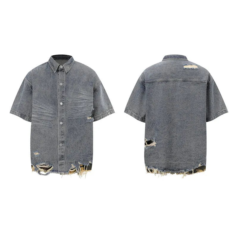 Denim two-piece streetwear set with leopard print stitching on short sleeve top and matching shorts