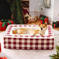 Classic plaid dog bed with removable washable cover in red, blue, black, or brown.