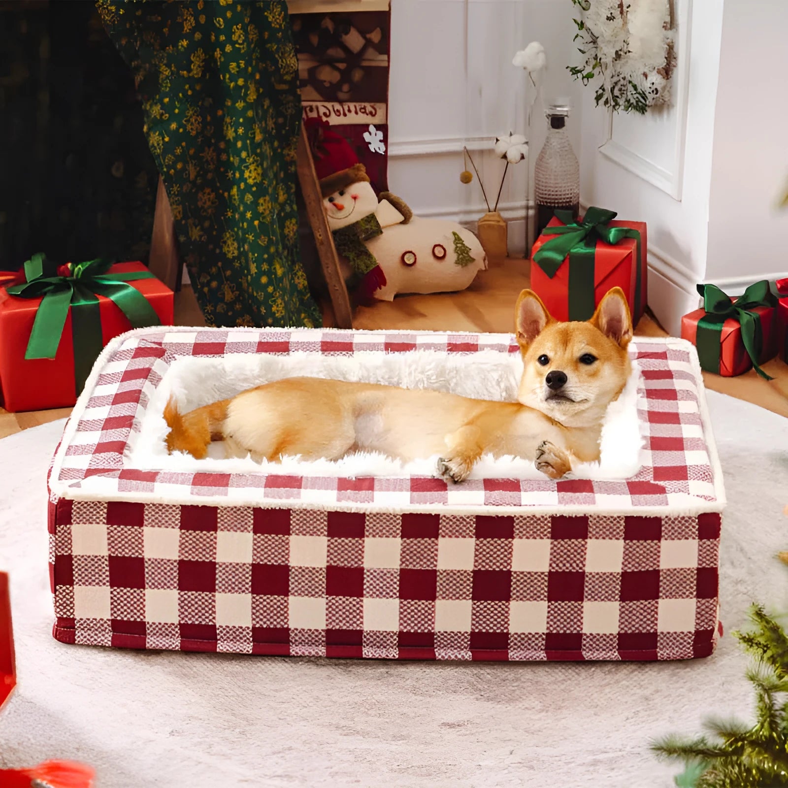 Classic plaid dog bed with removable washable cover in red, blue, black, or brown.