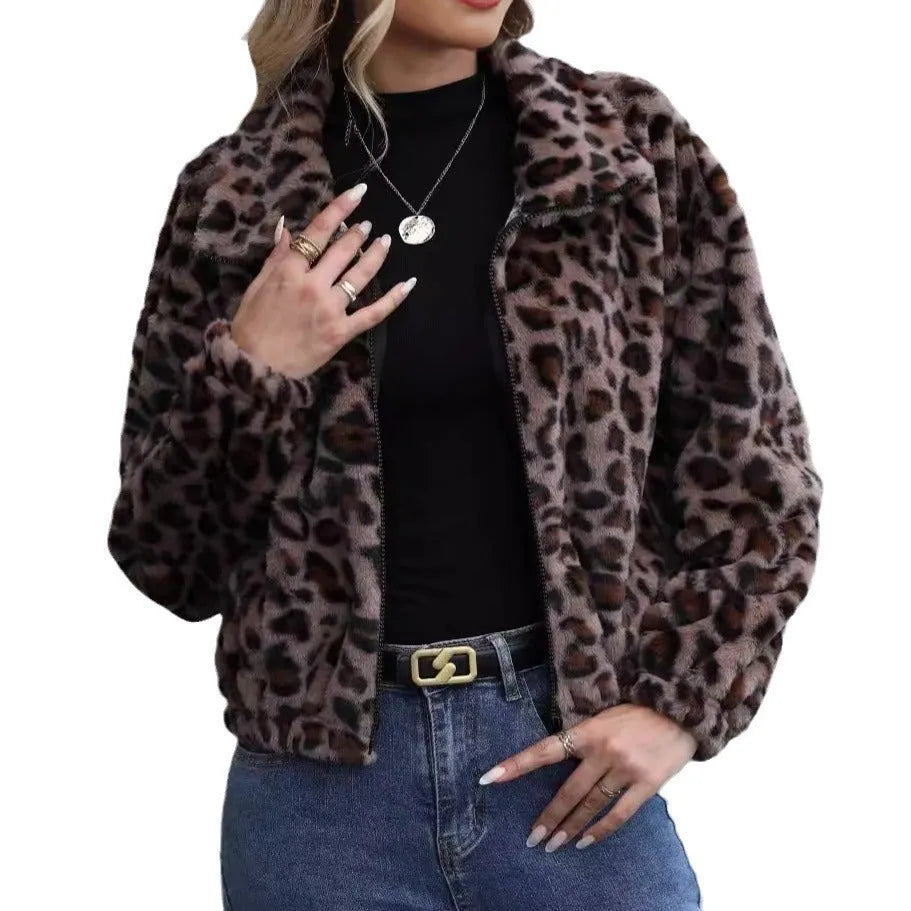Women's loose leopard print plush coat with zipper front and raglan sleeves.
