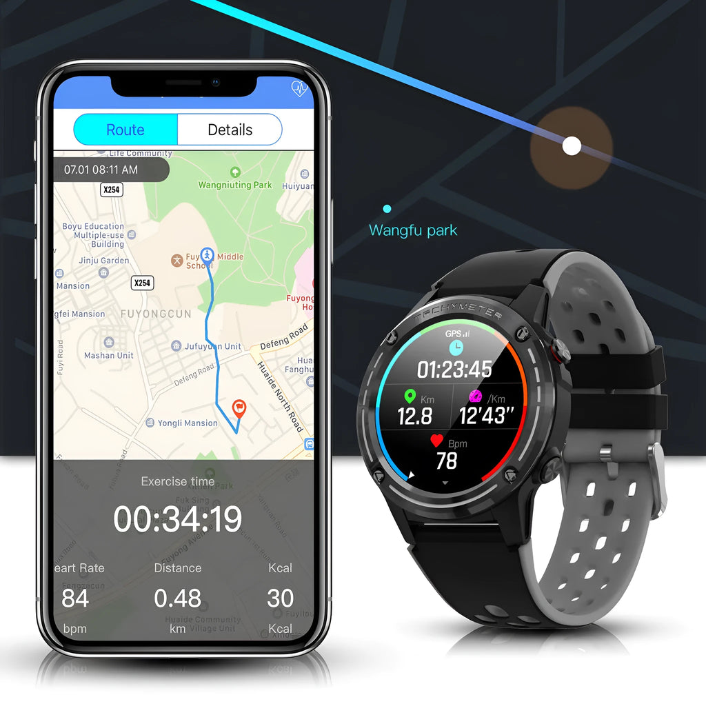 GPS smart watch with square silicone case and bracelet in blue colour on wrist