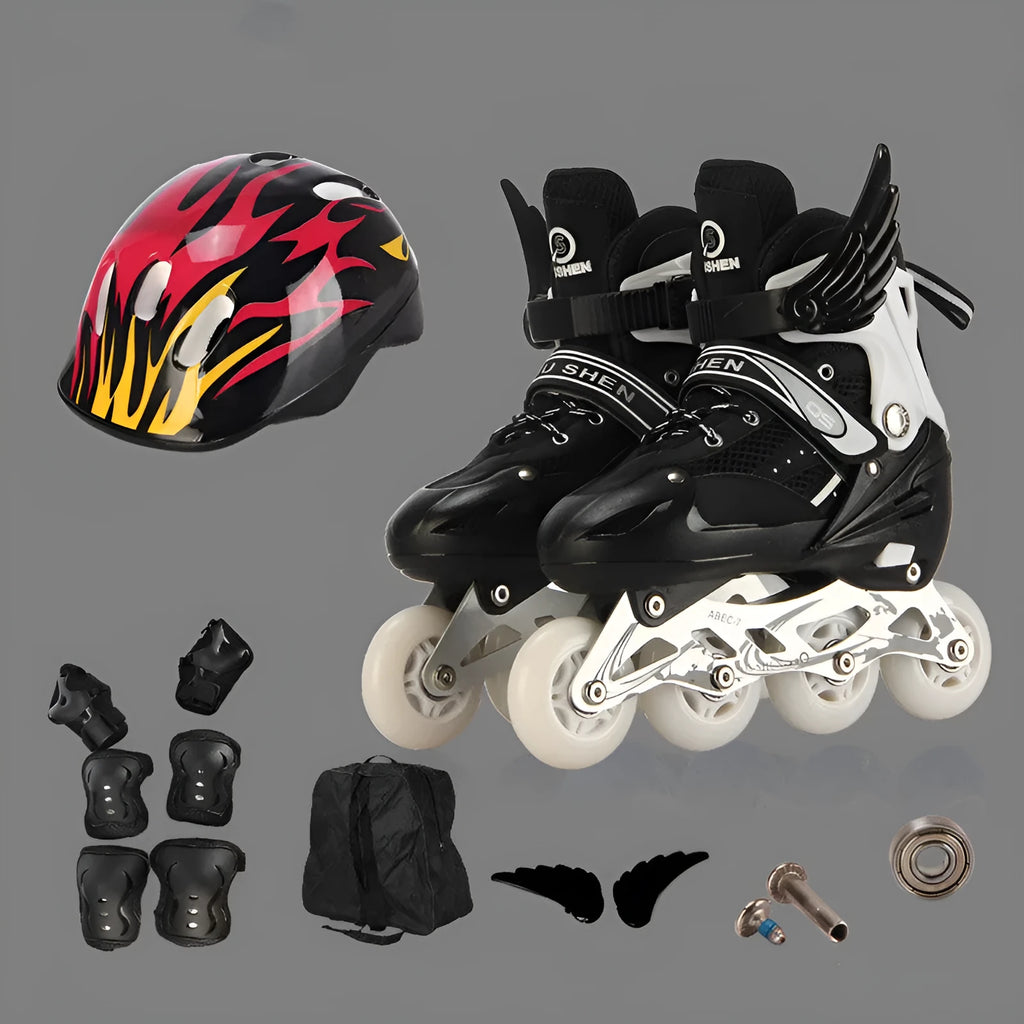 Adjustable children's roller skates set with protective gear, helmet, and backpack in multiple colours.