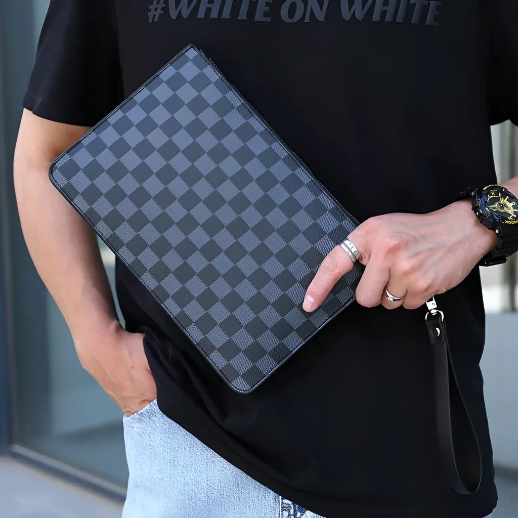 Men's black and brown PU leather clutch wallet showing card slots and zipper pocket