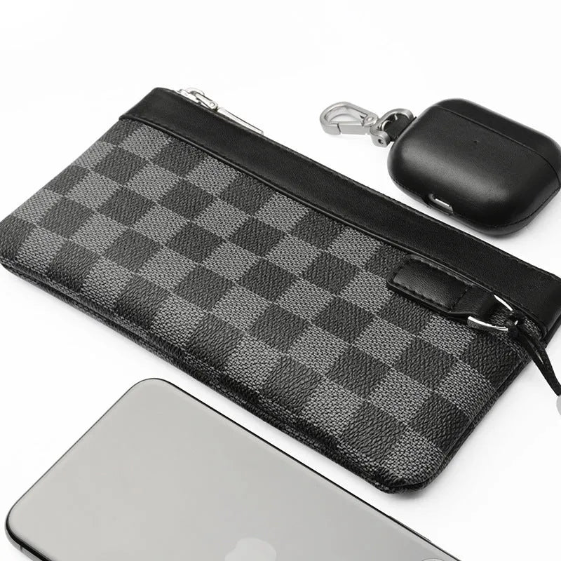 Men's black leather plaid clutch wallet showing front design and dimensions