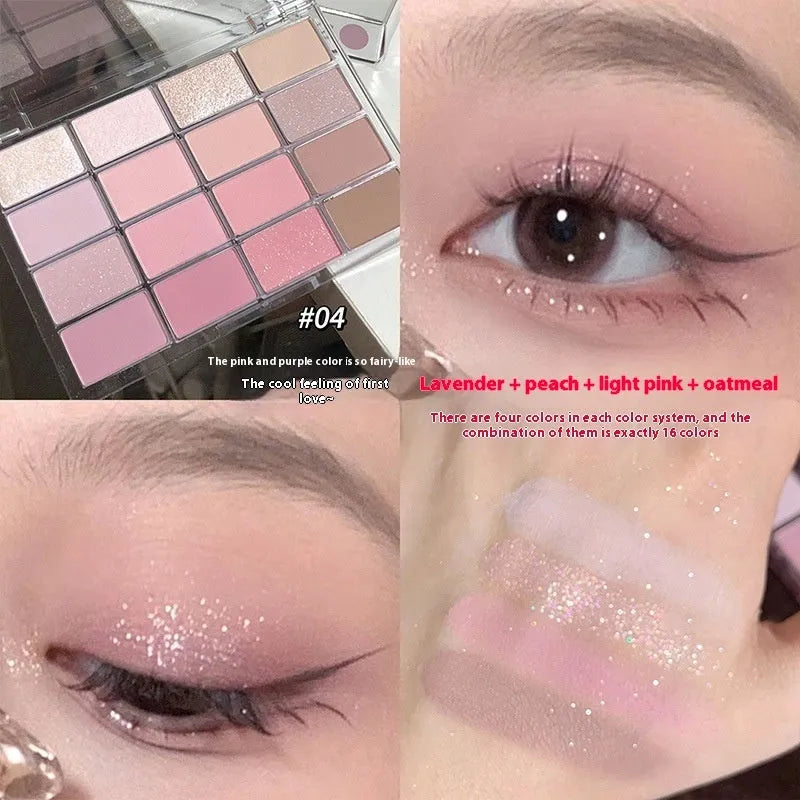 Crouching Silkworm 16-colour eyeshadow palette showing pink and brown shimmer and matte shades