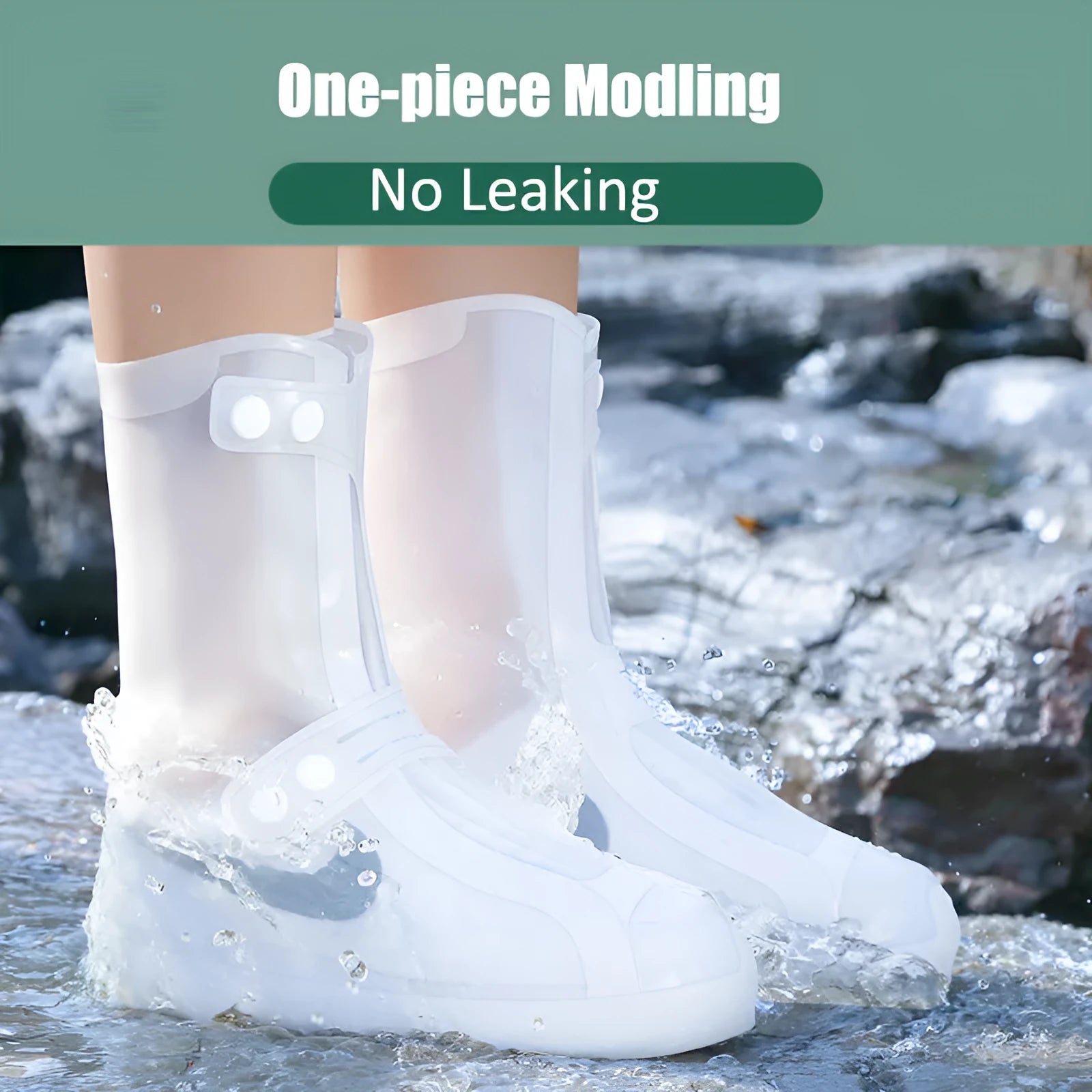 White PVC high-top reusable waterproof shoe cover for women, shown on a foot.