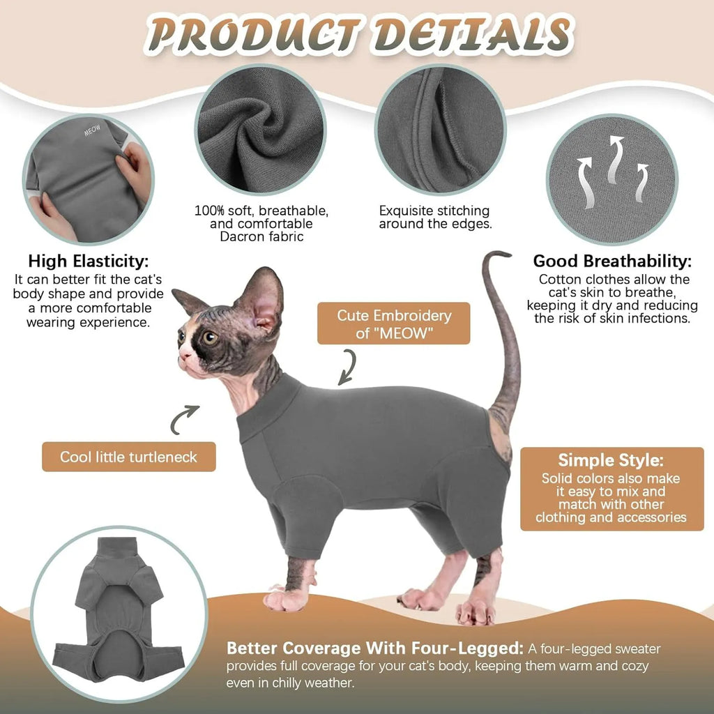 Grey turtleneck sweater for a hairless Sphynx cat with leg openings and a pullover design.