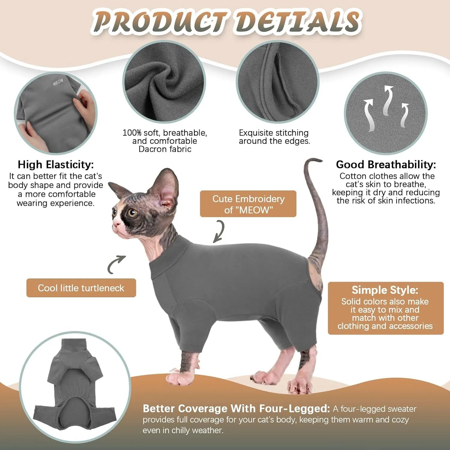 Grey turtleneck sweater for a hairless Sphynx cat with leg openings and a pullover design.