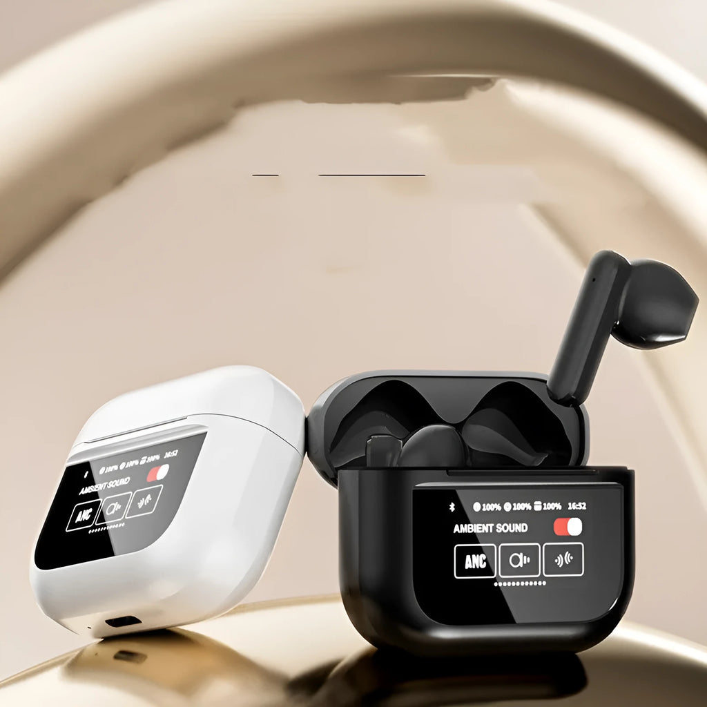 YX28 black and white Bluetooth headset with touch screen LCD display and ear hook