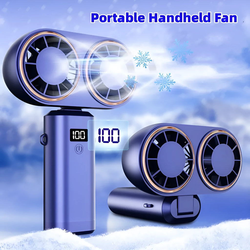 Folding USB handheld mini fan with digital display screen in milky white