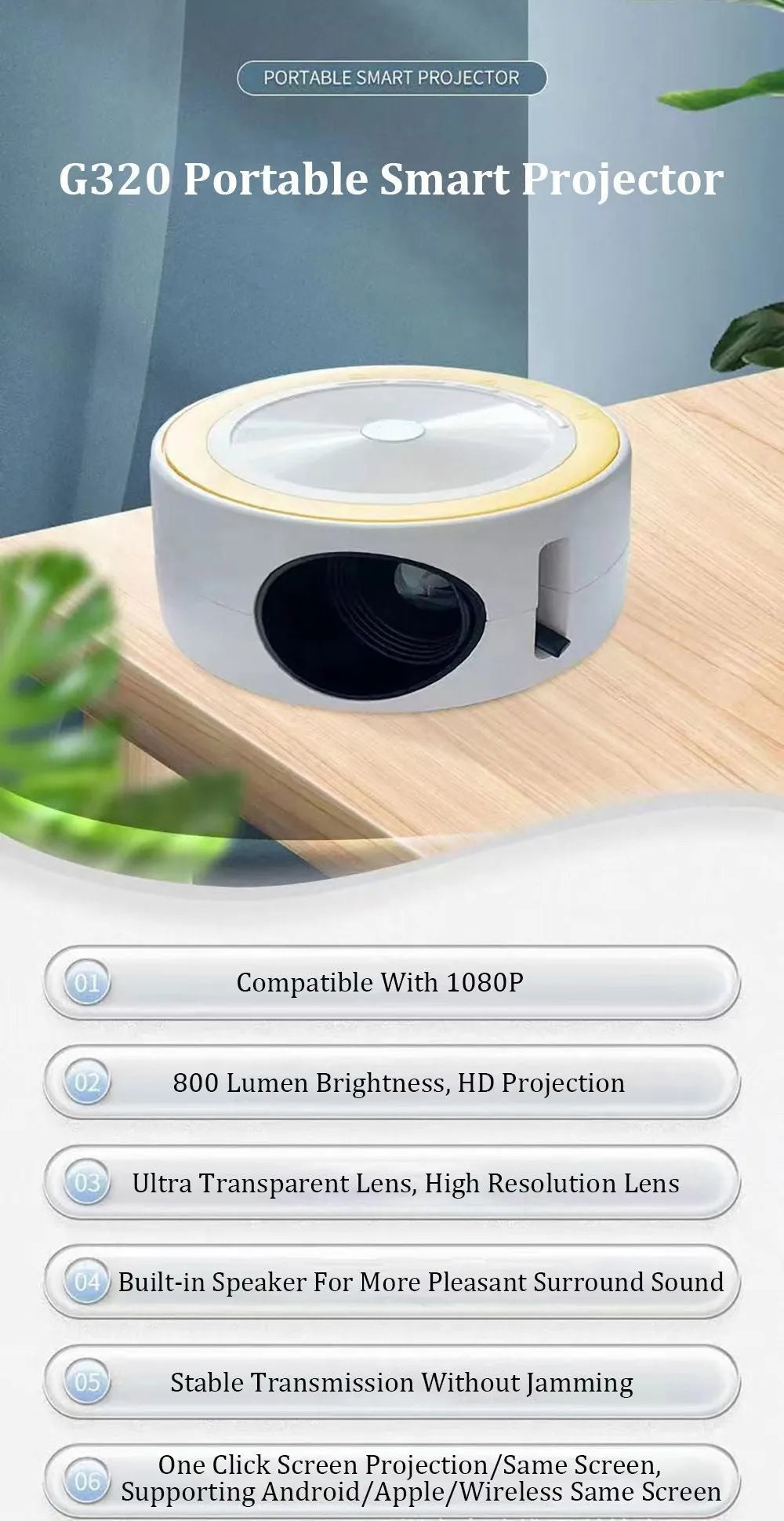 YT200 portable LED projector in black, white, yellow and white, or blue and white colours with remote control