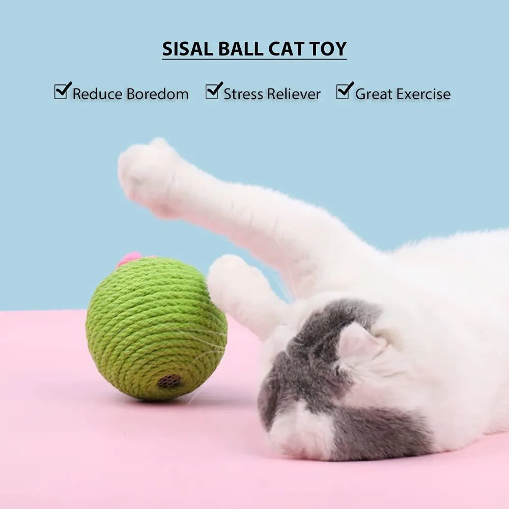 Green cactus-shaped cat toy with a sisal scratching post and a rocking tumbler ball on a weighted base.