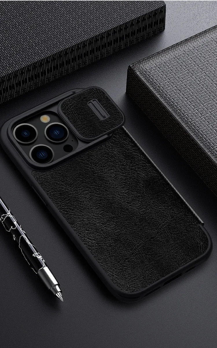 Imitation leather flip phone case for iPhone 15 in Black, Brown, and Red colours