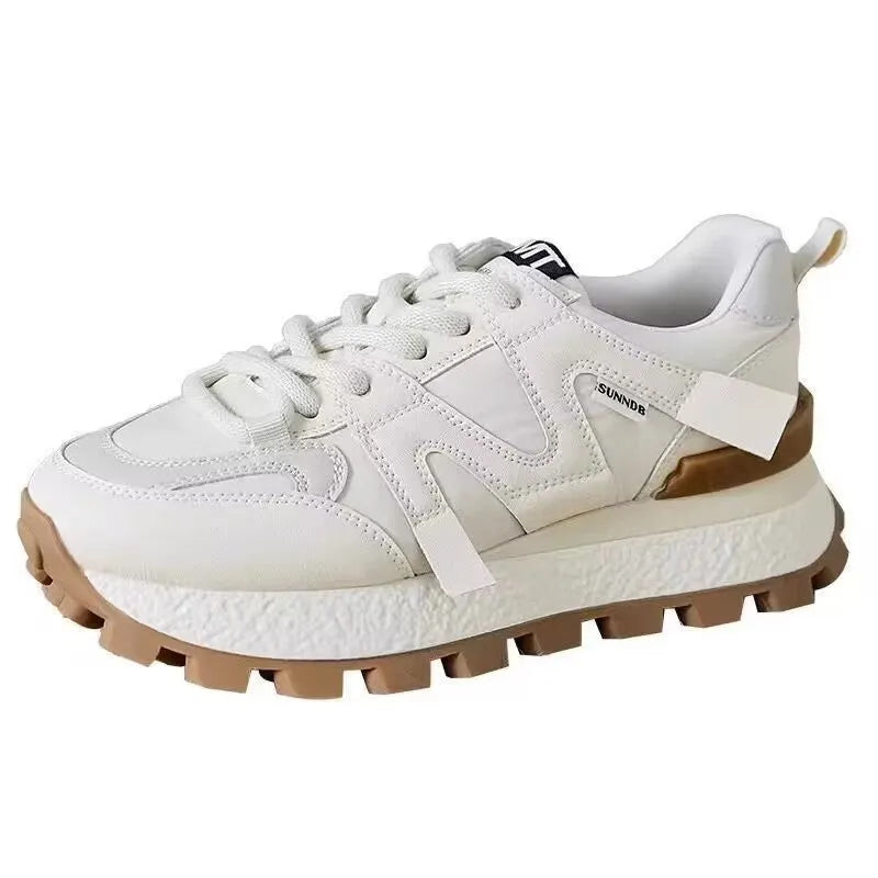 Women's casual platform sneaker in Beige with artificial PU upper, mesh lining, and front lace-up closure on white background
