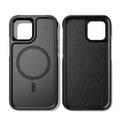 Black shatterproof magnetic phone case for iPhone 12 and 13 series showing front and back views