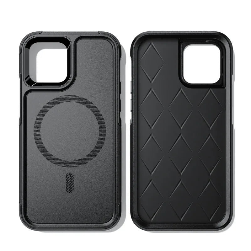 Black shatterproof magnetic phone case for iPhone 12 and 13 series showing front and back views