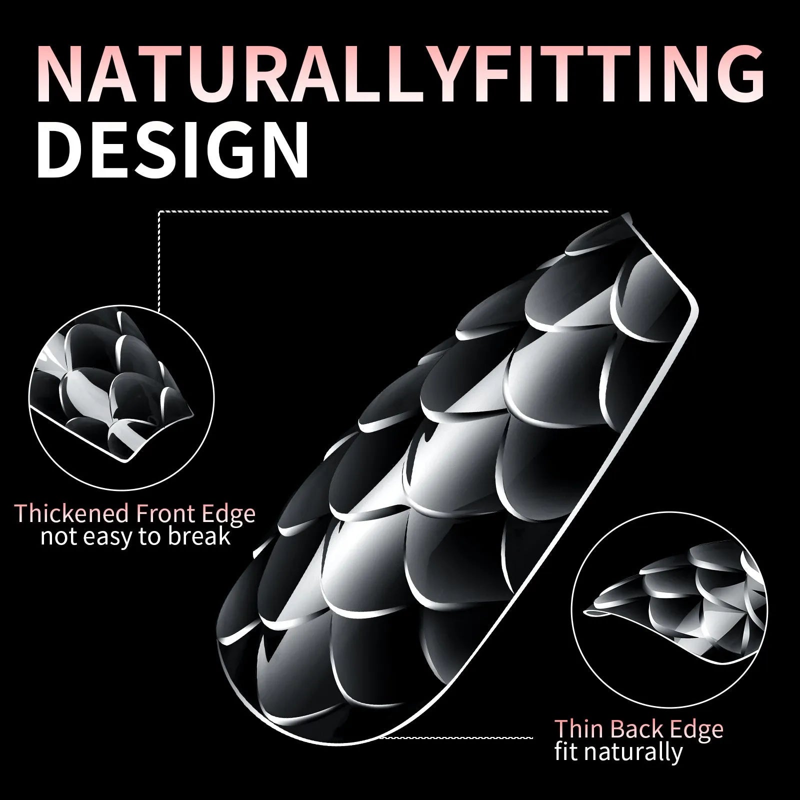 Box of 3D scale long shaping artificial nail tips for manicures.