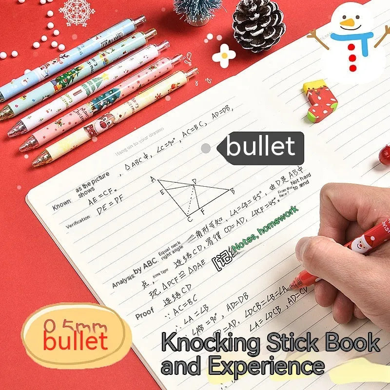 Set of six colourful cartoon-design press gel pens with black refills on a white background.